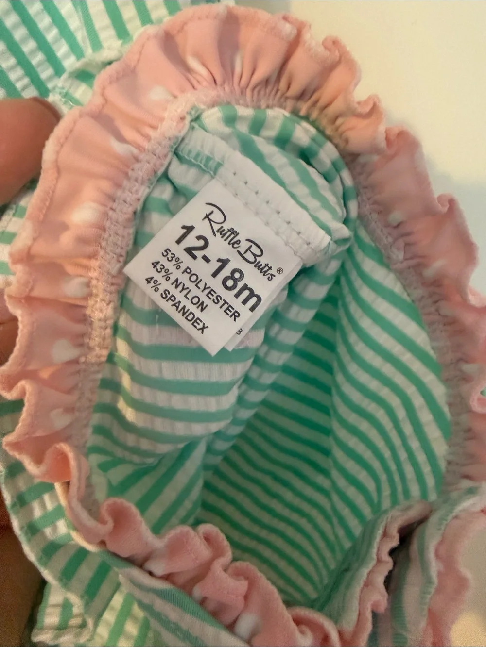 RuffleButts Seersucker Rash Guard Swimsuit 12-18M | Mint Green Pink Bow